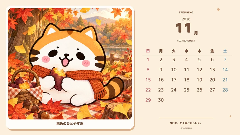2026年11月・秋色のひとやすみのカレンダー壁紙
