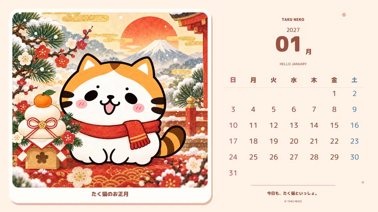 2027年1月・たく猫のお正月のカレンダー壁紙