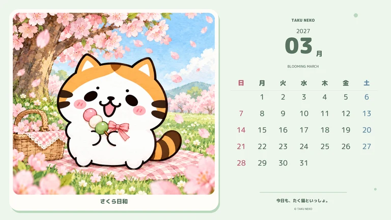 2027年3月・さくら日和のカレンダー壁紙